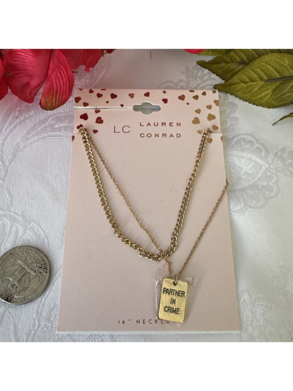 Bijoux Goldtone 2 Chain Bar Partner In Crime Charm Layered 16" Necklace NEW
